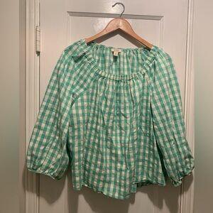 a.n.a Womens Green and White Gingham Checkered XL Puff Sleeve Picnic Boho Blouse